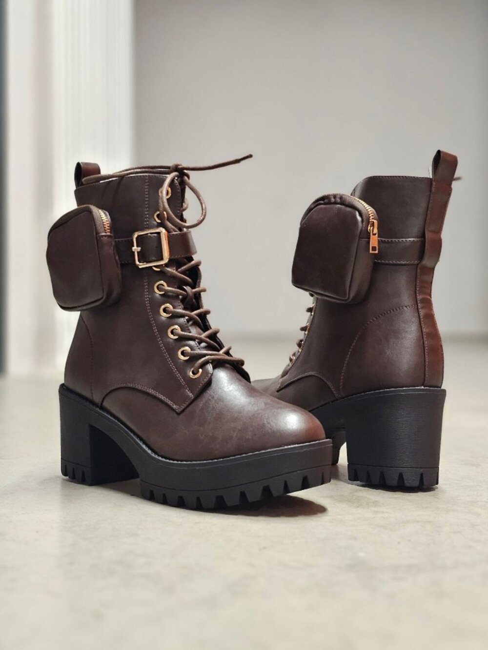 Brown Combat Boots With Chunky Heel & Detachable Side Pouches